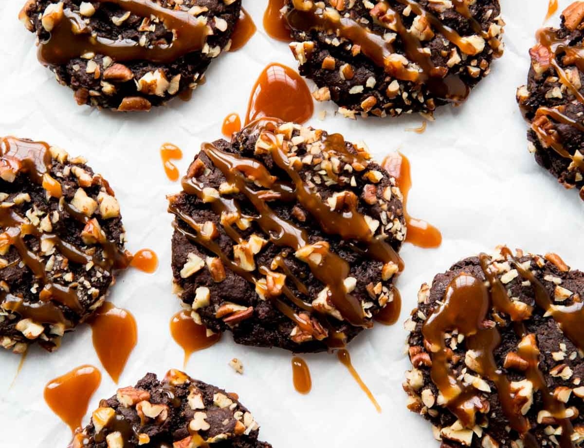 Chocolate Turtle Cookies top view