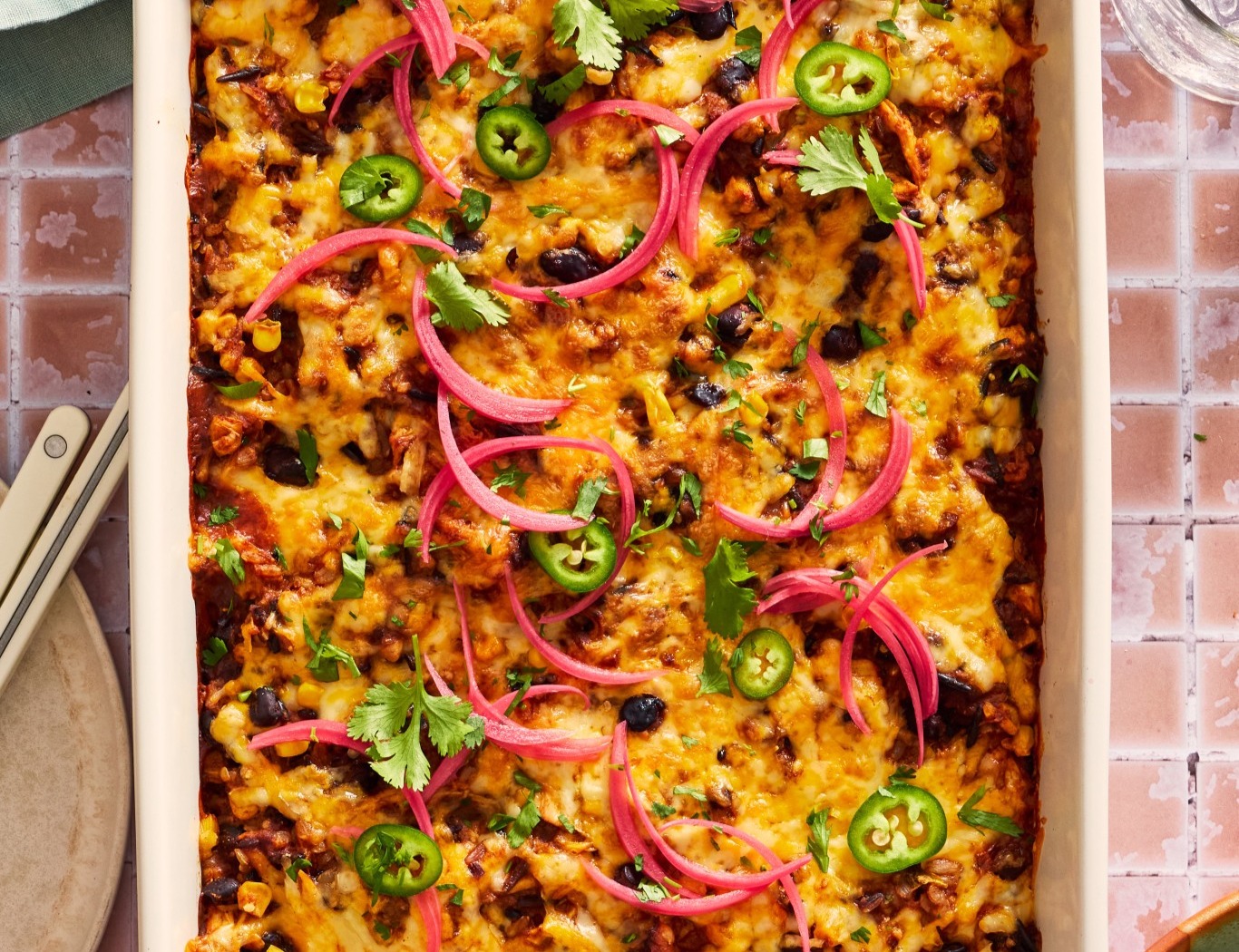 Easy Chicken and Rice Enchilada Casserole top view