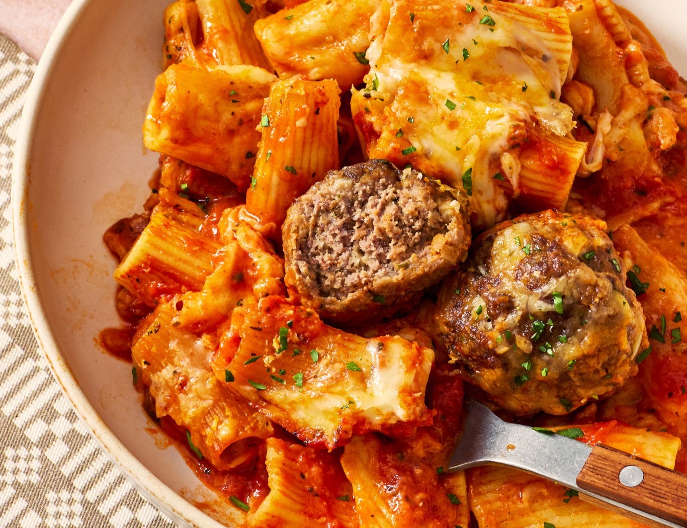 One Pan Meatball Pasta Bake top view