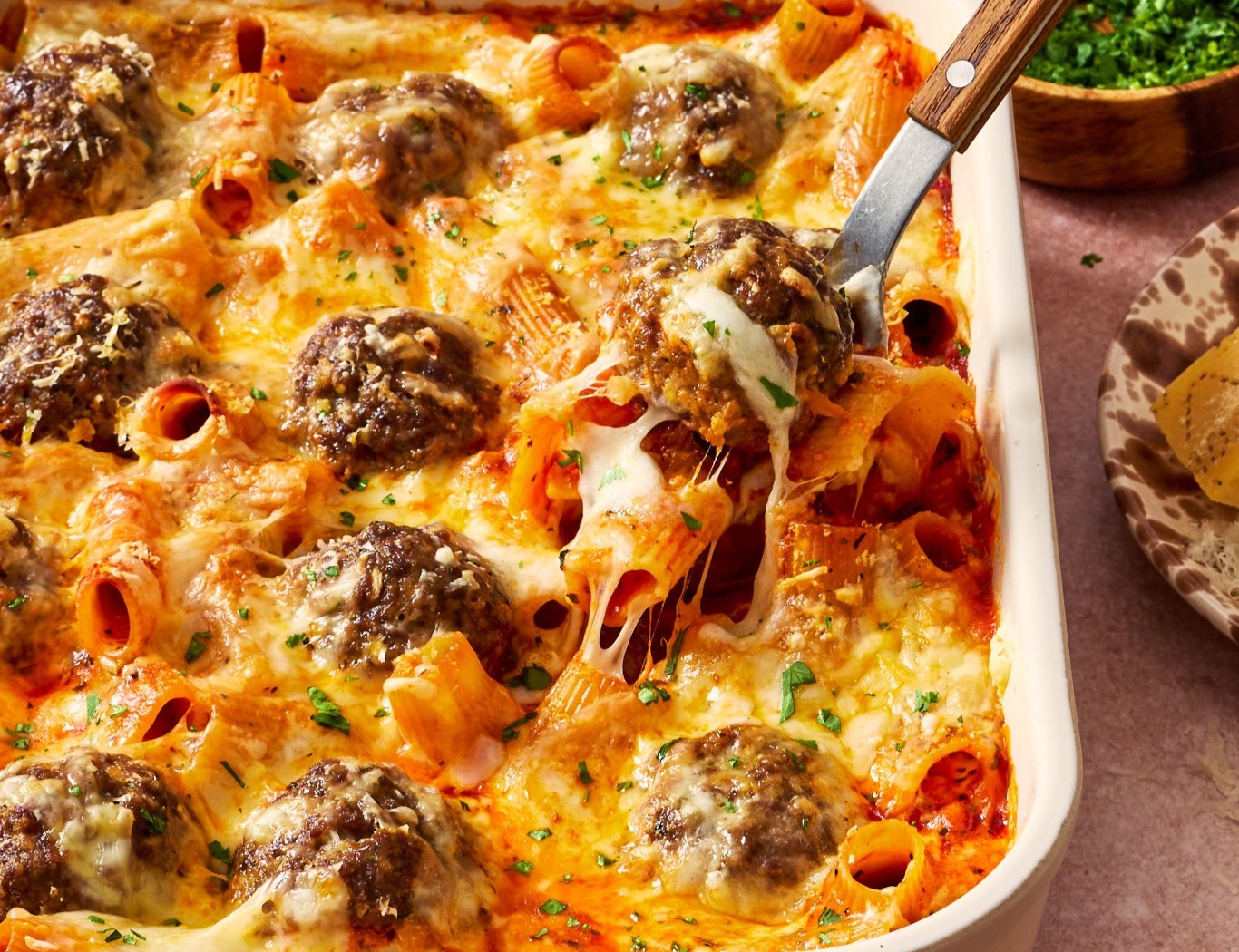 One Pan Meatball Pasta Bake suggested serving