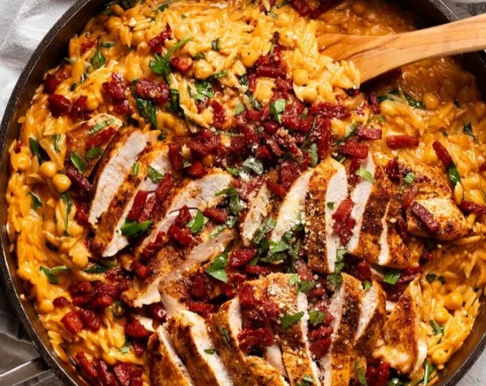 One pot chicken risoni with crispy salami suggested serving