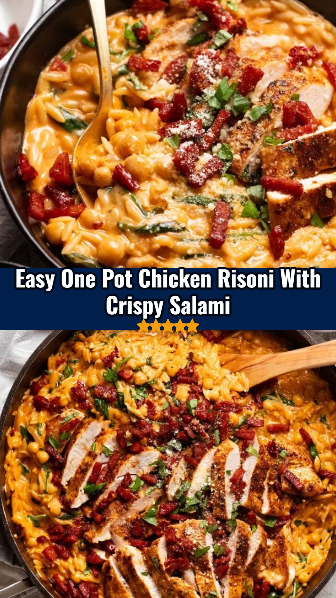 One pot chicken risoni with crispy salami